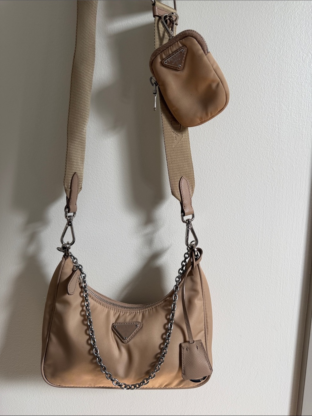 Prada Beige/Tan Nylon Shoulder Bag with Chain and Removable Strap